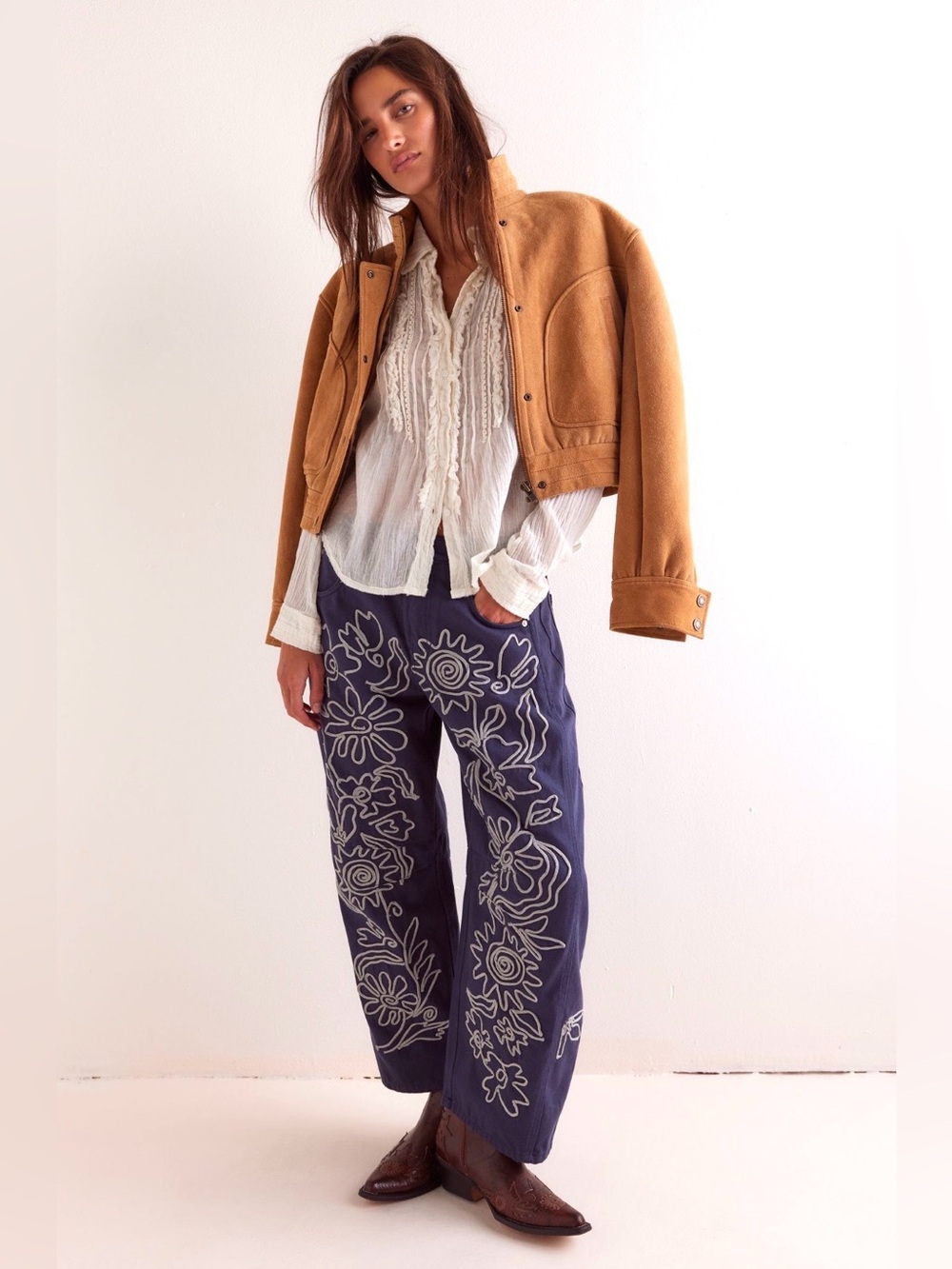 FREE PEOPLE WE THE FREE Good Luck Soutache Embroidered Barrel Jeans